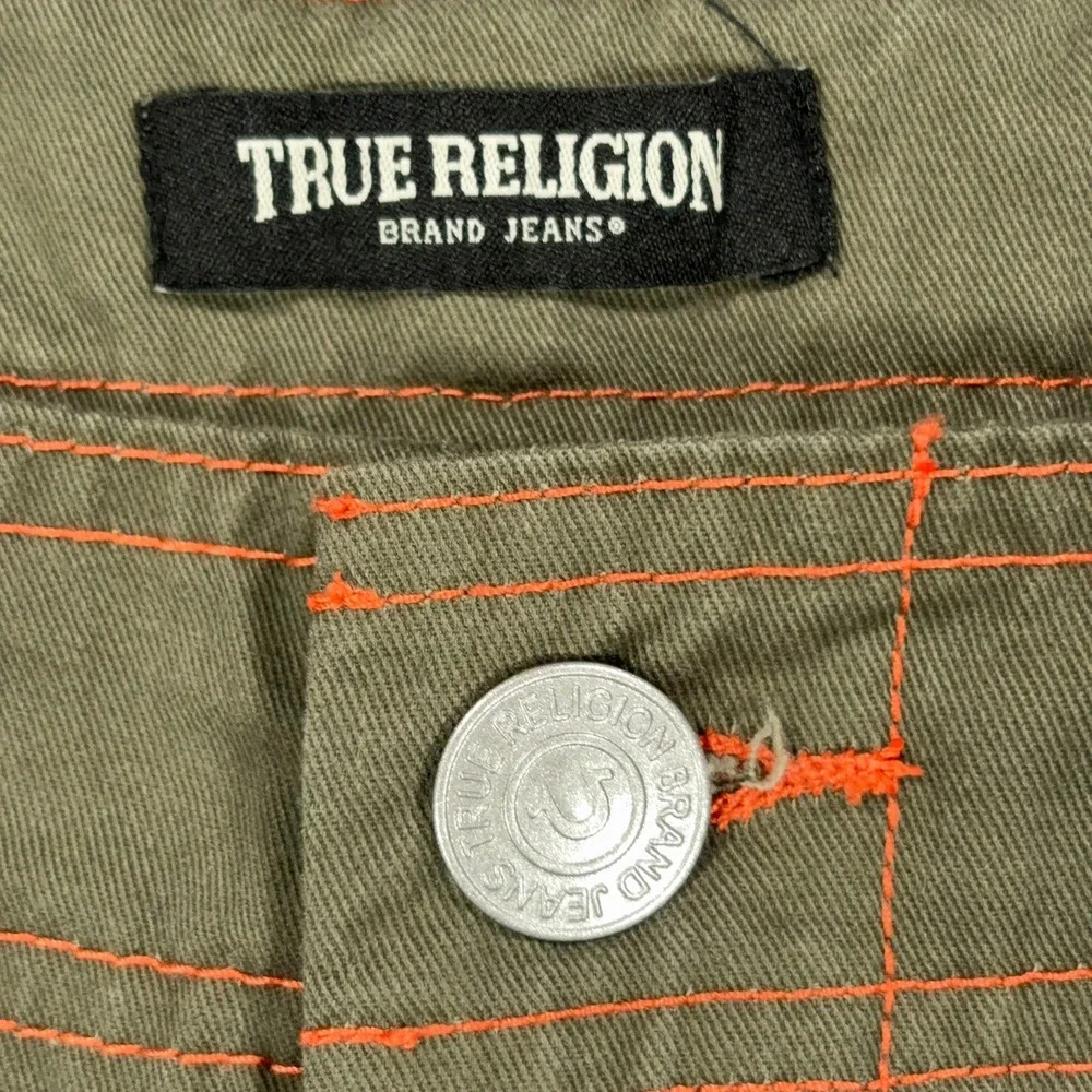 True Religion Cargo Pants Mens 38 Olive Green Twill Orange Stitching 108335 NWT